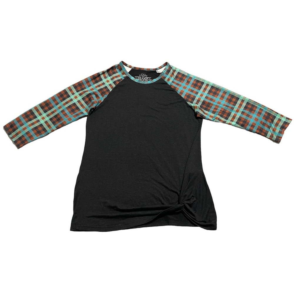 CRAZY TRAIN Black Multicolor Plaid 3/4 Sleeve Stretch Top Shirt Size M - Picture 1 of 5